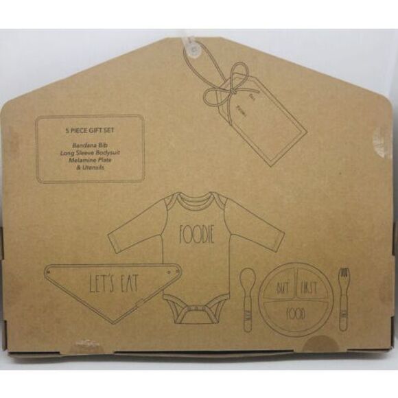 Rae Dunn 5 Pc Baby Plate, Spoon, Fork Bib And One Piece Gift Set - Picture 2 of 3